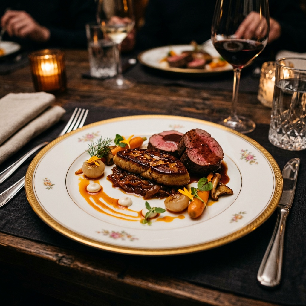 Prémium főétel — borjúbélszín fine dining tálalás
